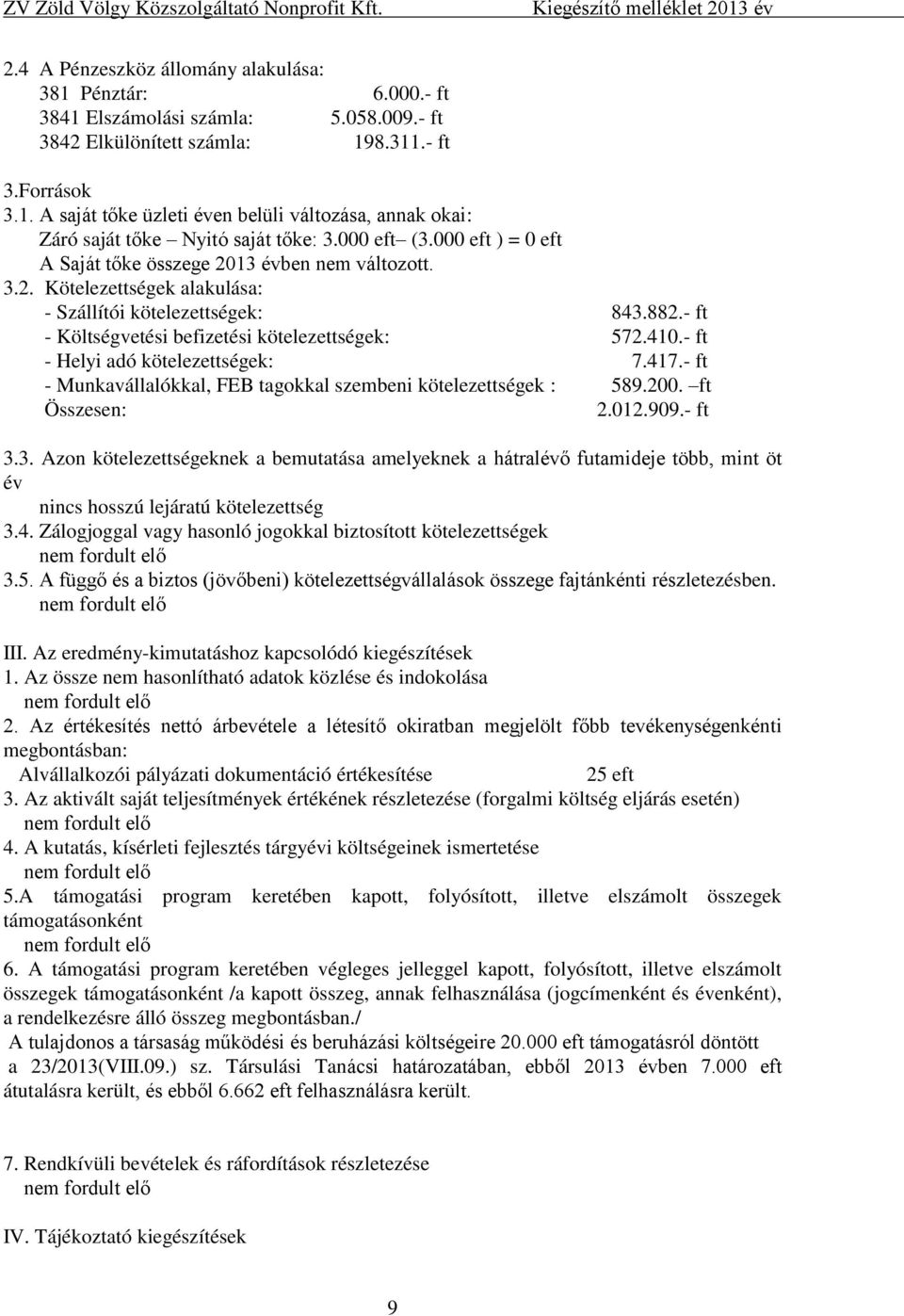 410.- ft - Helyi adó kötelezettségek: 7.417.- ft - Munkavállalókkal, FEB tagokkal szembeni kötelezettségek : 589.200. ft Összesen: 2.012.909.- ft 3.