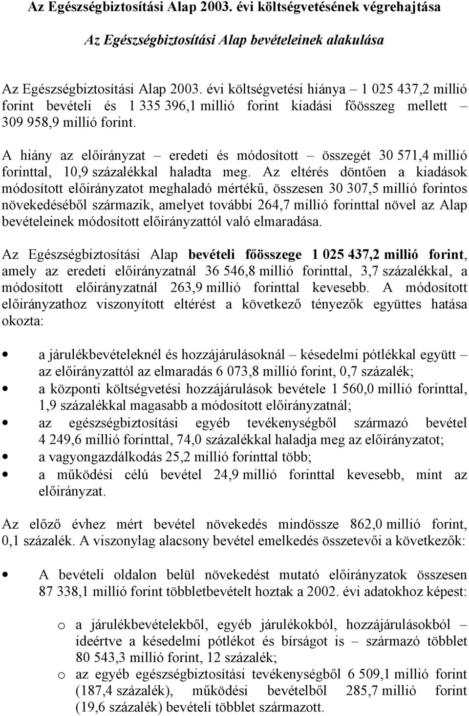 A hiány az előirányzat eredeti és módosított összegét 30 571,4 millió forinttal, 10,9 százalékkal haladta meg.