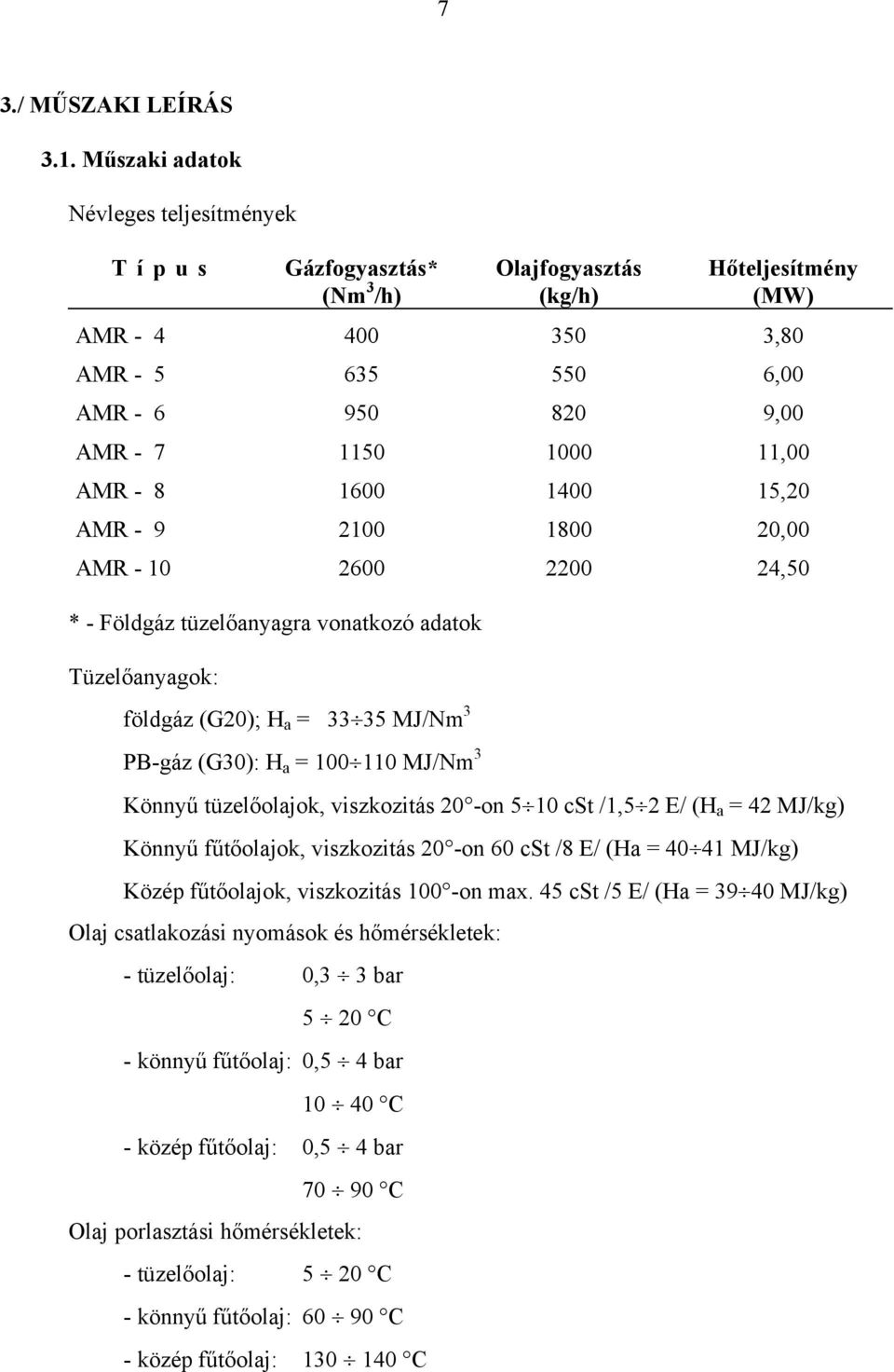 11,00 AMR - 8 1600 1400 15,20 AMR - 9 2100 1800 20,00 AMR - 10 2600 2200 24,50 * - Földgáz tüzelőanyagra vonatkozó adatok Tüzelőanyagok: földgáz (G20); H a = 33 35 MJ/Nm 3 PB-gáz (G30): H a = 100 110