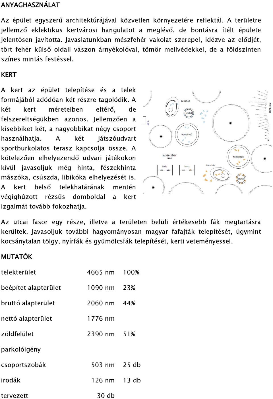 KERT A kert az épület telepítése és a telek formájából adódóan két részre tagolódik. A két kert méreteiben eltérő, de felszereltségükben azonos.