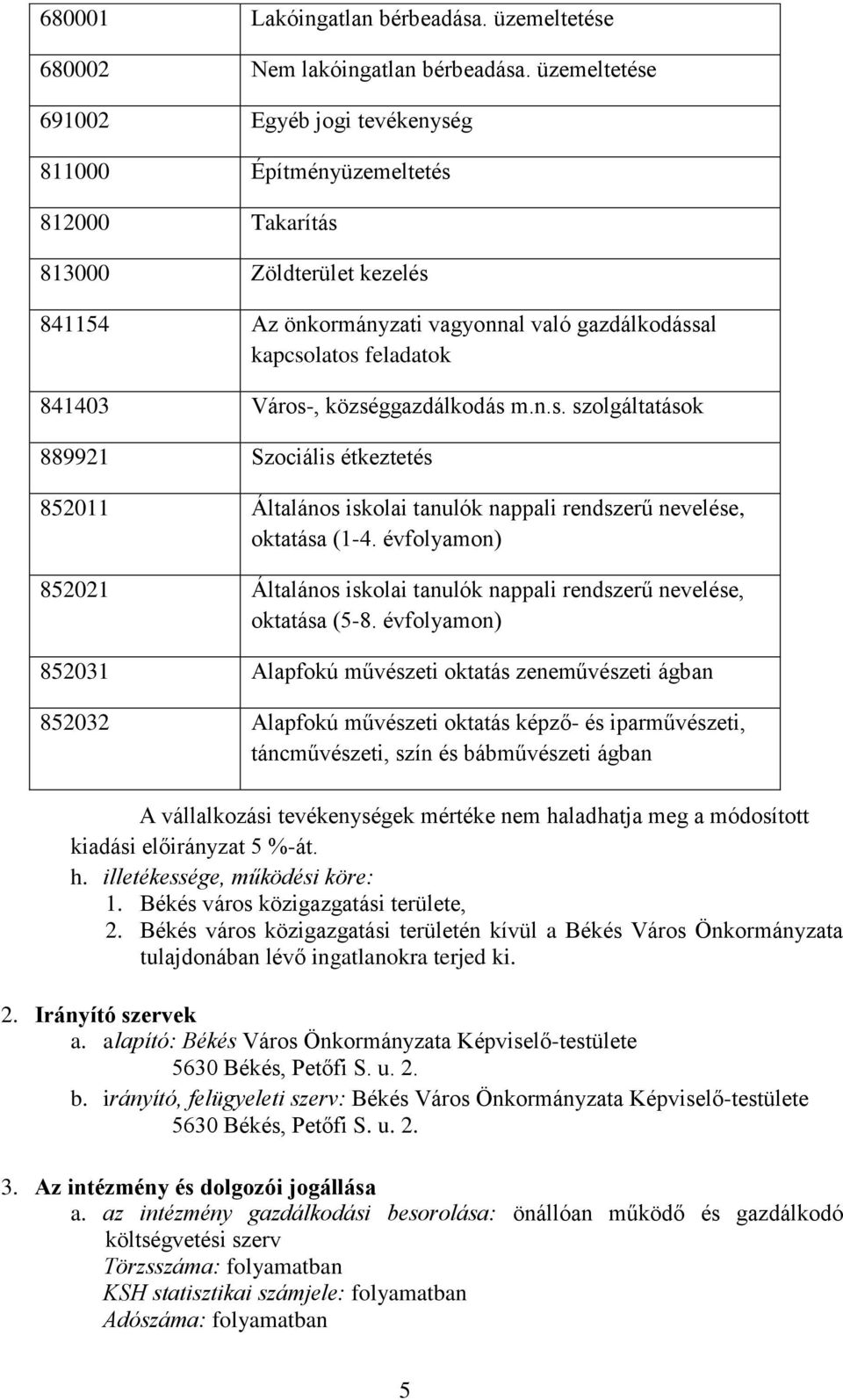 Város-, községgazdálkodás m.n.s. szolgáltatások 889921 Szociális étkeztetés 852011 Általános iskolai tanulók nappali rendszerű nevelése, oktatása (1-4.