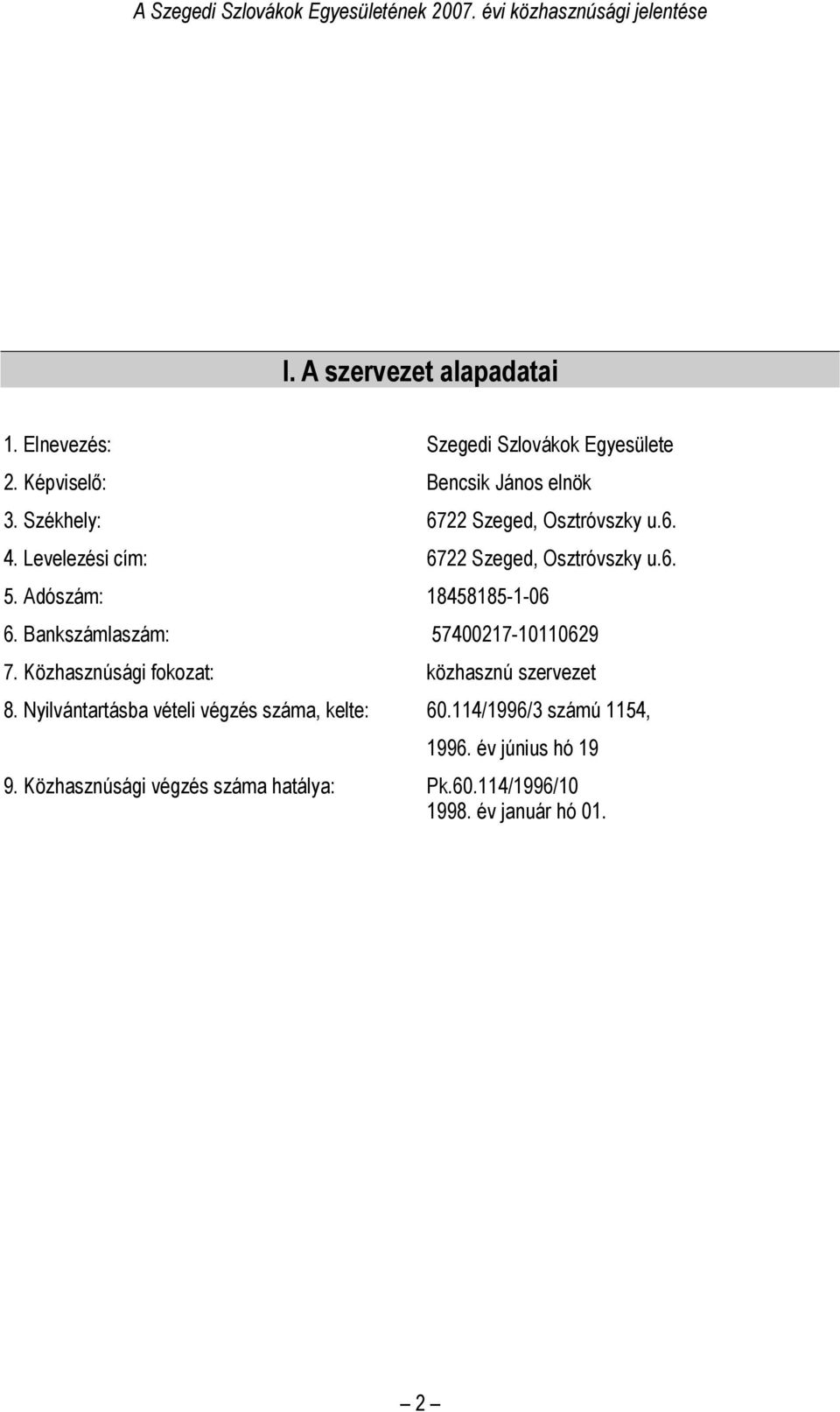 Bankszámlaszám: 57400217-10110629 7. Közhasznúsági fokozat: közhasznú szervezet 8.