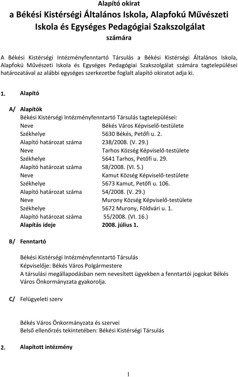 Alapító A/ Alapítók Békési Kistérségi Intézményfenntartó Társulás tagtelepülései: Neve Békés Város Képviselő-testülete Székhelye 5630 Békés, Petőfi u. 2. Alapító határozat száma 238/2008. (V. 29.