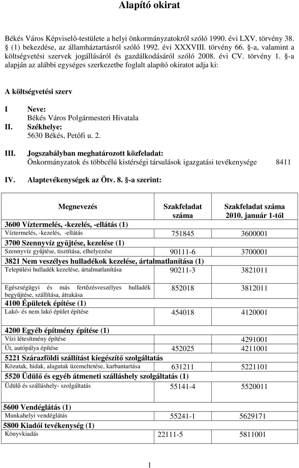 -a alapján az alábbi egységes szerkezetbe foglalt alapító okiratot adja ki: A költségvetési szerv I II. III. IV. Neve: Békés Város Polgármesteri Hivatala Székhelye: 5630 Békés, Petıfi u. 2.