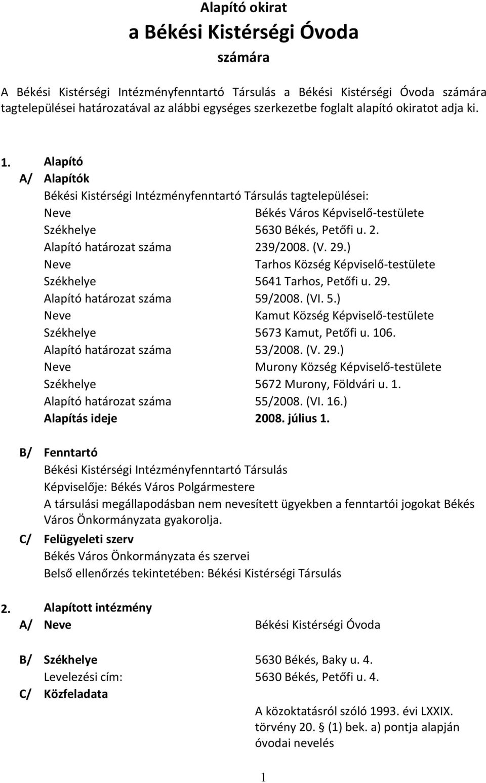 Alapító határozat száma 239/2008. (V. 29.) Neve Tarhos Község Képviselő-testülete Székhelye 5641 Tarhos, Petőfi u. 29. Alapító határozat száma 59/2008. (VI. 5.) Neve Kamut Község Képviselő-testülete Székhelye 5673 Kamut, Petőfi u.