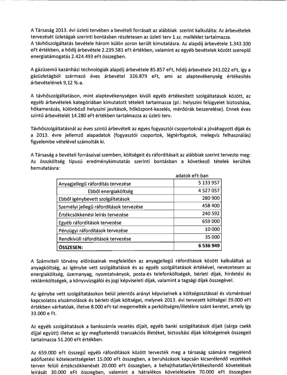 581 eft értékben, valamint az egyéb bevételek között szereplő energiatámogatás 2.424.493 eft összegben. A gázüzemű kazánházi technológiák alapdíj árbevétele 85.857 eft, hődíj árbevétele 241.