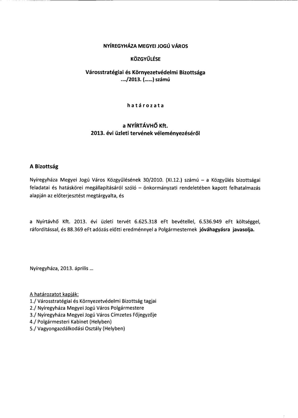 ) számú - a Közgyűlés bizottságai feladatai és hatáskörei megállapításáról szóló - önkormányzati rendeletében kapott felhatalmazás alapján az előterjesztést megtárgyalta, és a Nyírtávhő Kft. 2013.