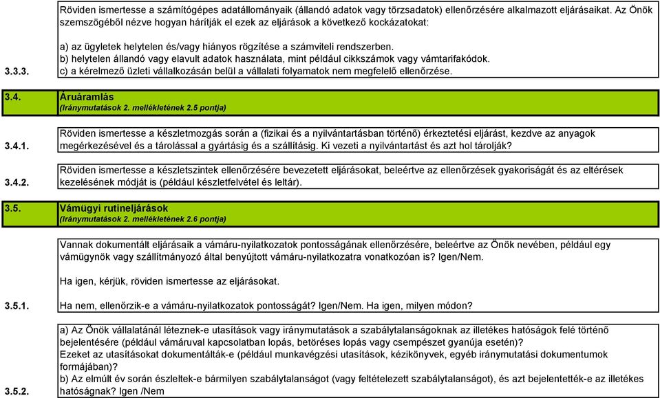 b) helytelen állandó vagy elavult adatok használata, mint például cikkszámok vagy vámtarifakódok. c) a kérelmező üzleti vállalkozásán belül a vállalati folyamatok nem megfelelő ellenőrzése.