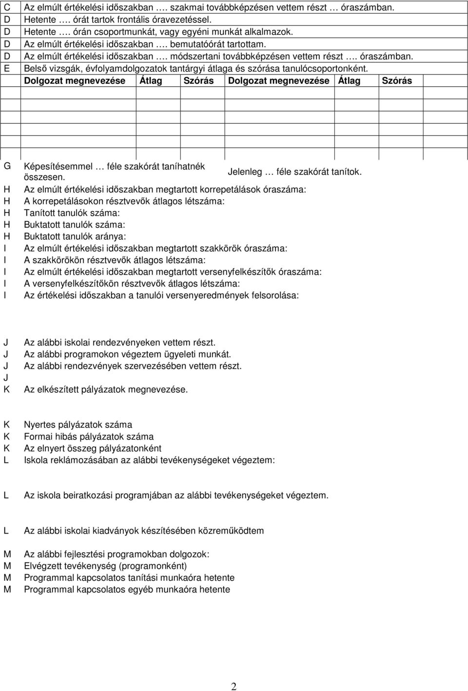 Belsı vizsgák, évfolyamdolgozatok tantárgyi átlaga és szórása tanulócsoportonként.