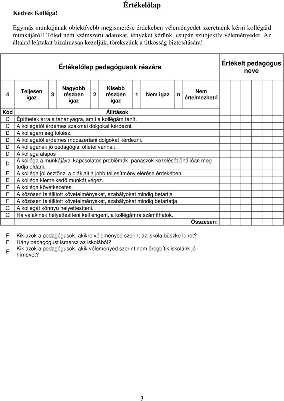 Értékelılap pedagógusok részére Értékelt pedagógus neve 4 Teljesen 3 isebb 1 n ód G G Építhetek arra a tananyagra, amit a kollégám tanít. A kollégától érdemes szakmai dolgokat kérdezni.