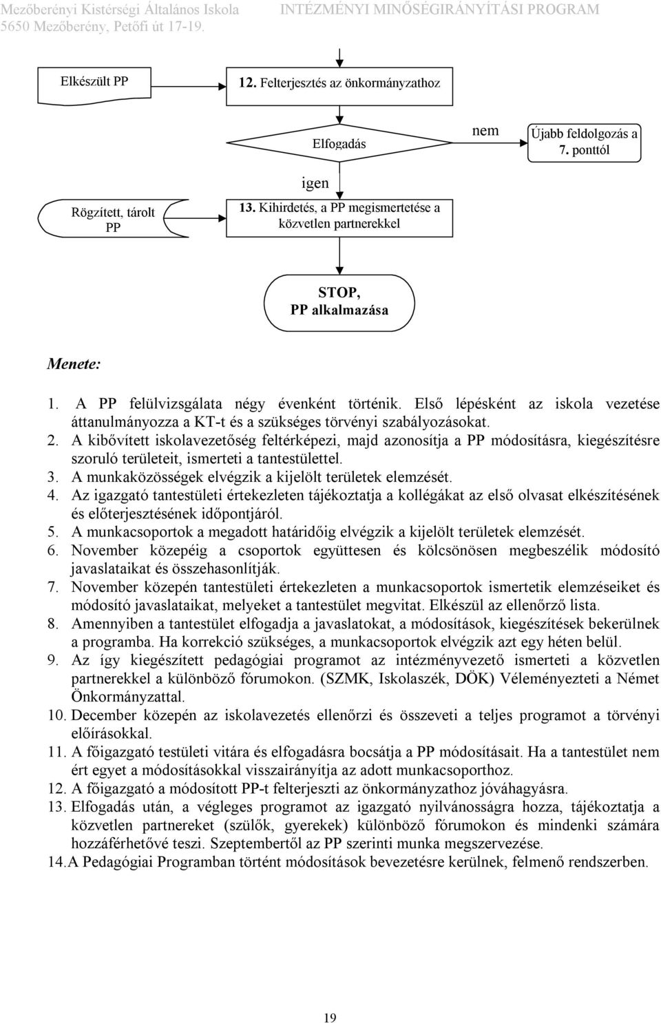 Első lépésként az iskola vezetése áttanulmányozza a KT-t és a szükséges törvényi szabályozásokat. 2.