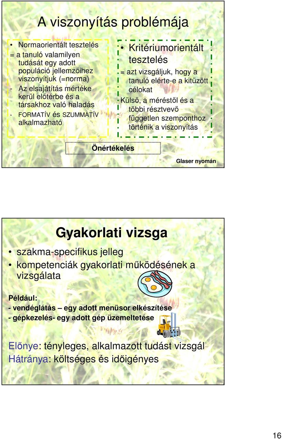 többi résztvevő független szemponthoz történik a viszonyítás Önértékelés Glaser nyomán Gyakorlati vizsga szakma-specifikus jelleg kompetenciák gyakorlati működésének a