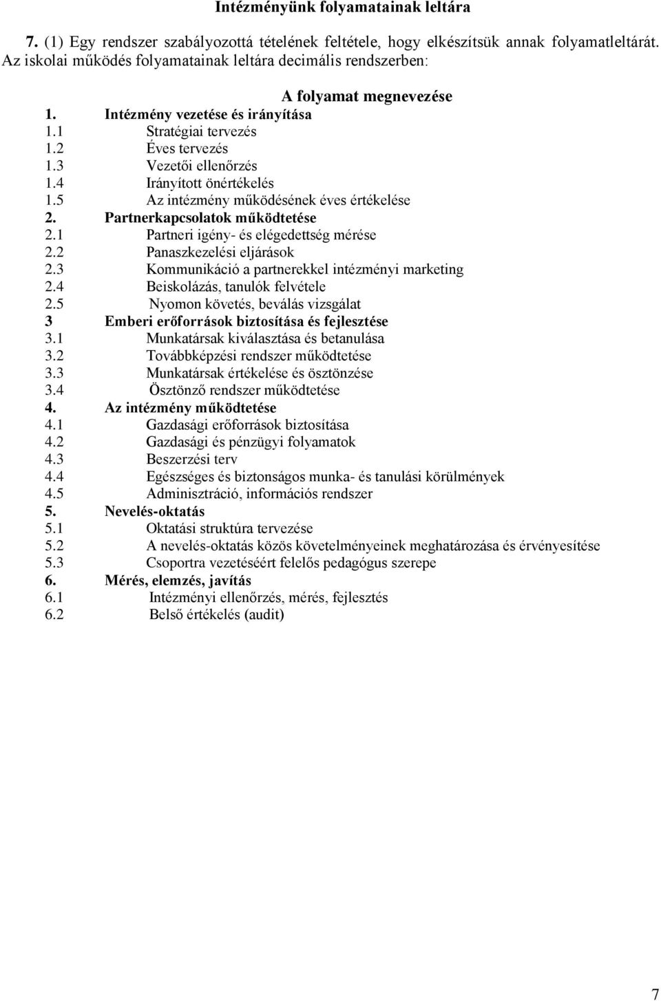 4 Irányított önértékelés 1.5 Az intézmény működésének éves értékelése 2. Partnerkapcsolatok működtetése 2.1 Partneri igény- és elégedettség mérése 2.2 Panaszkezelési eljárások 2.