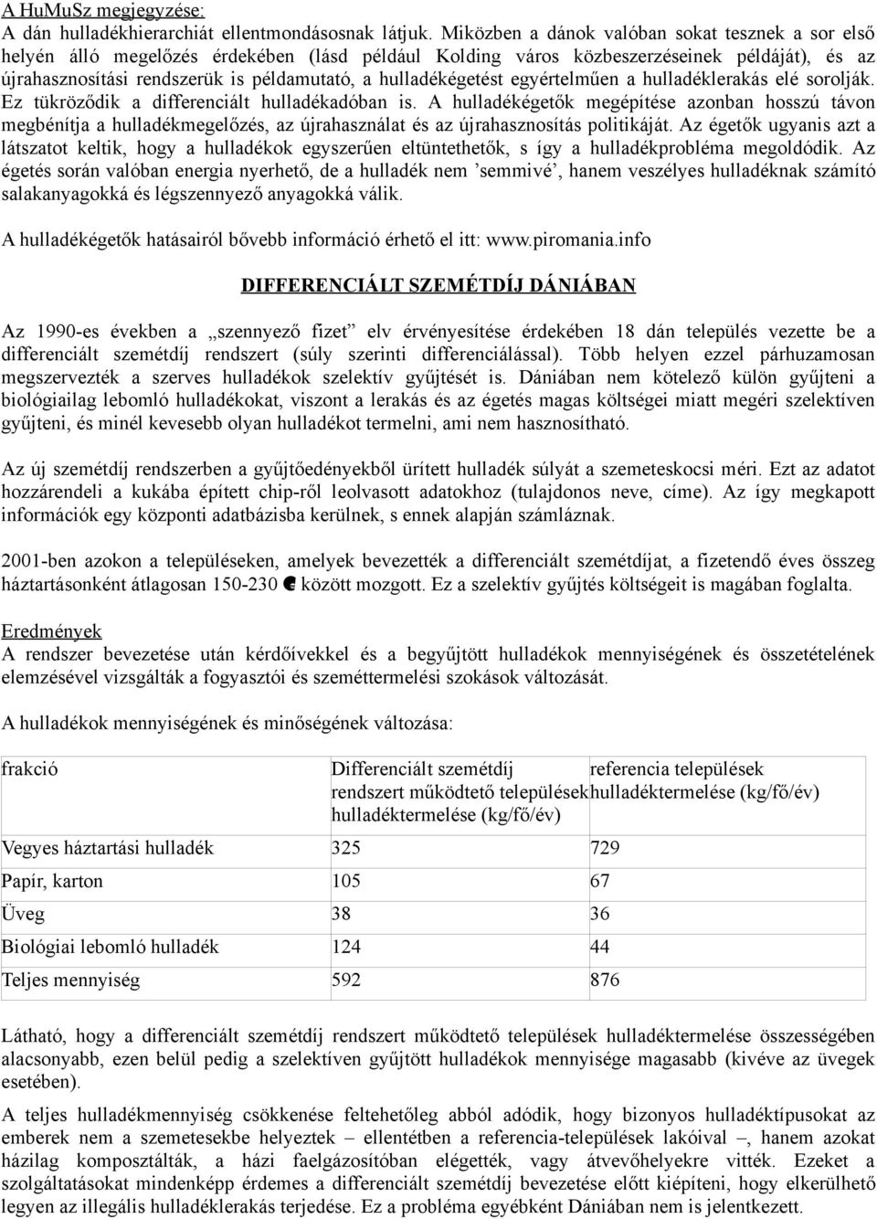 hulladékégetést egyértelműen a hulladéklerakás elé sorolják. Ez tükröződik a differenciált hulladékadóban is.