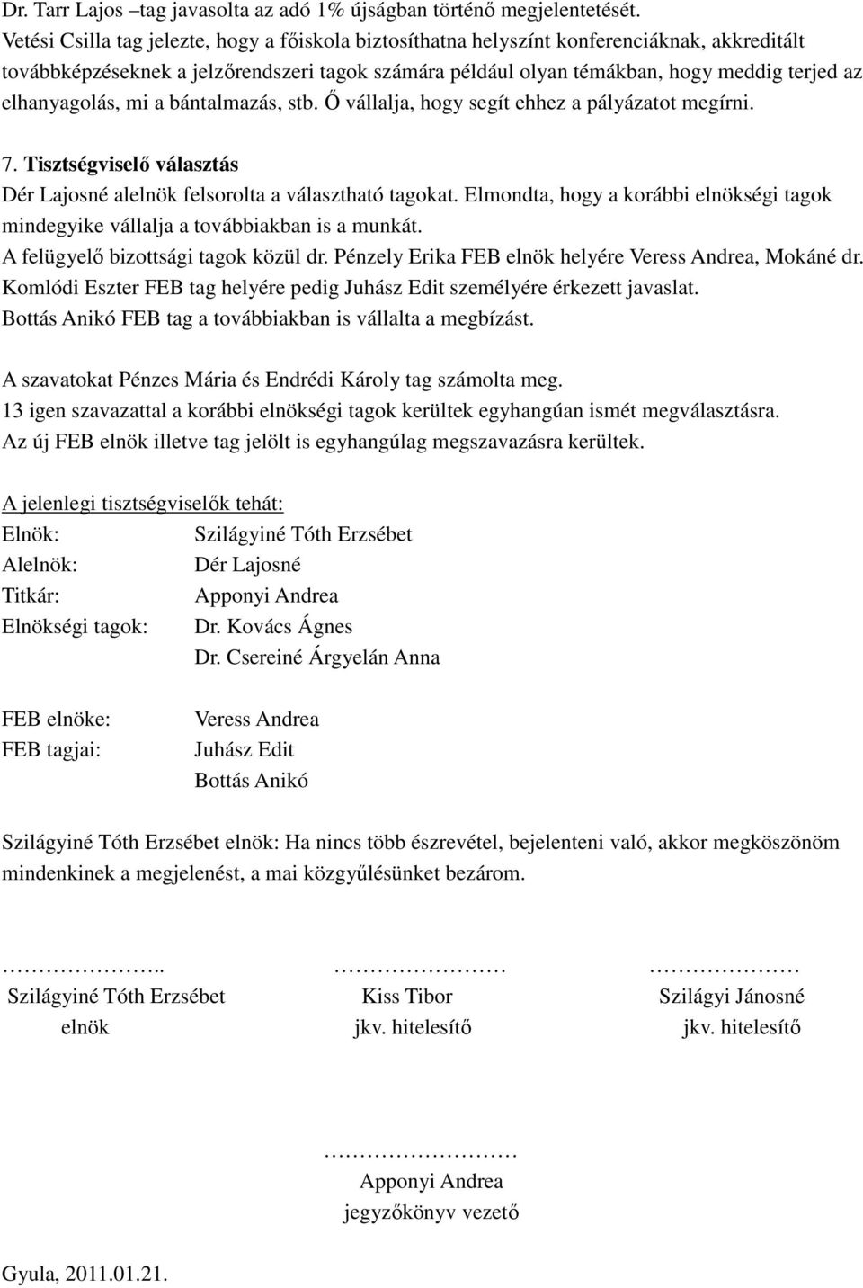 elhanyagolás, mi a bántalmazás, stb. Ő vállalja, hogy segít ehhez a pályázatot megírni. 7. Tisztségviselő választás Dér Lajosné alelnök felsorolta a választható tagokat.