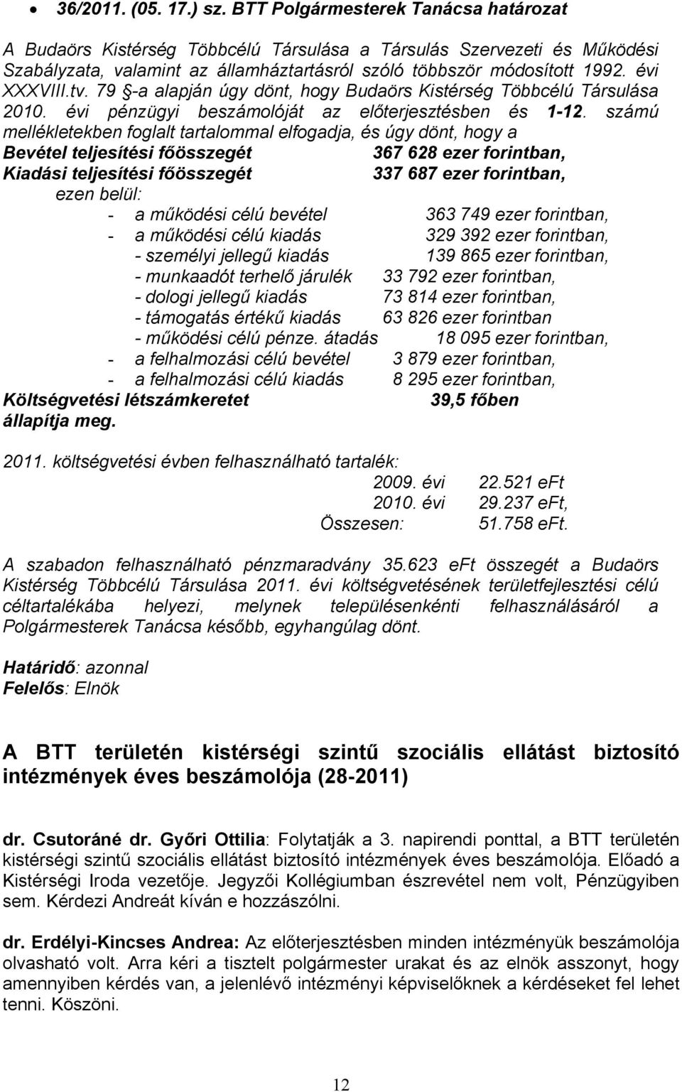 79 -a alapján úgy dönt, hgy Budaörs Kistérség Többcélú Társulása 2010. évi pénzügyi beszámlóját az előterjesztésben és 1-12.