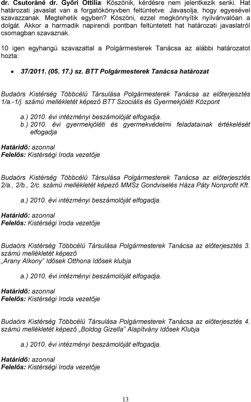 10 igen egyhangú szavazattal a Plgármesterek Tanácsa az alábbi határzatt hzta: 37/2011. (05. 17.) sz.