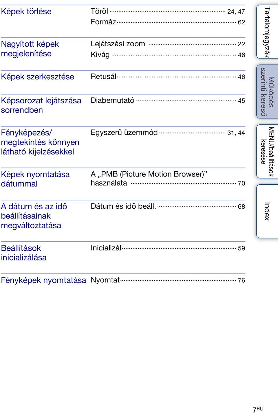 Képek nyomtatása dátummal Egyszerű üzemmód 31, 44 A PMB (Picture Motion Browser) használata 70 A dátum és az idő