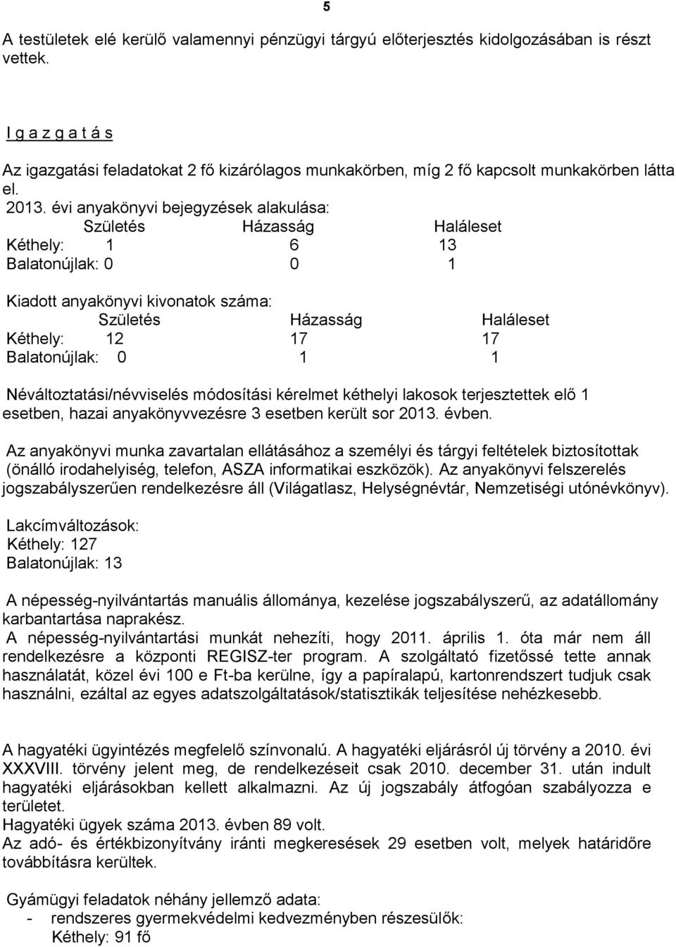 évi anyakönyvi bejegyzések alakulása: Születés Házasság Haláleset Kéthely: 1 6 13 Balatonújlak: 0 0 1 Kiadott anyakönyvi kivonatok száma: Születés Házasság Haláleset Kéthely: 12 17 17 Balatonújlak: 0