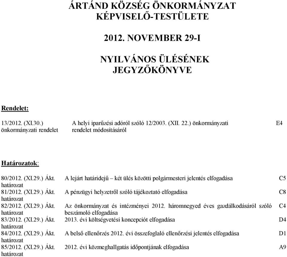 (XI.29.) Ákt. A lejárt határidejű két ülés közötti polgármesteri jelentés elfogadása C5 A pénzügyi helyzetről szóló tájékoztató elfogadása C8 Az önkormányzat és intézményei 2012.