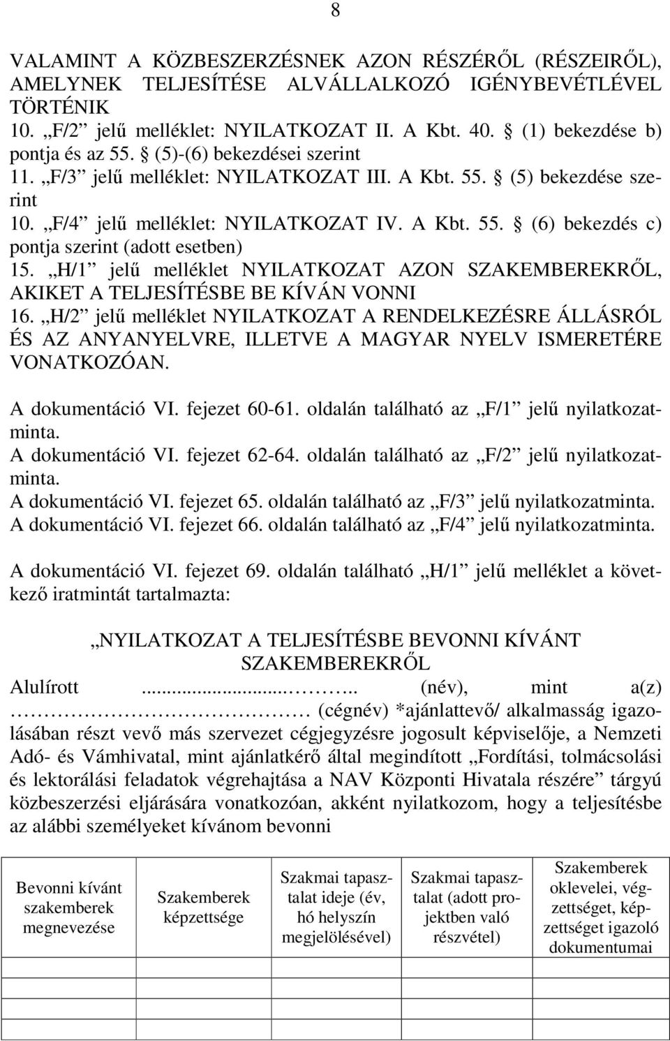 H/1 jelő melléklet NYILATKOZAT AZON SZAKEMBEREKRİL, AKIKET A TELJESÍTÉSBE BE KÍVÁN VONNI 16.