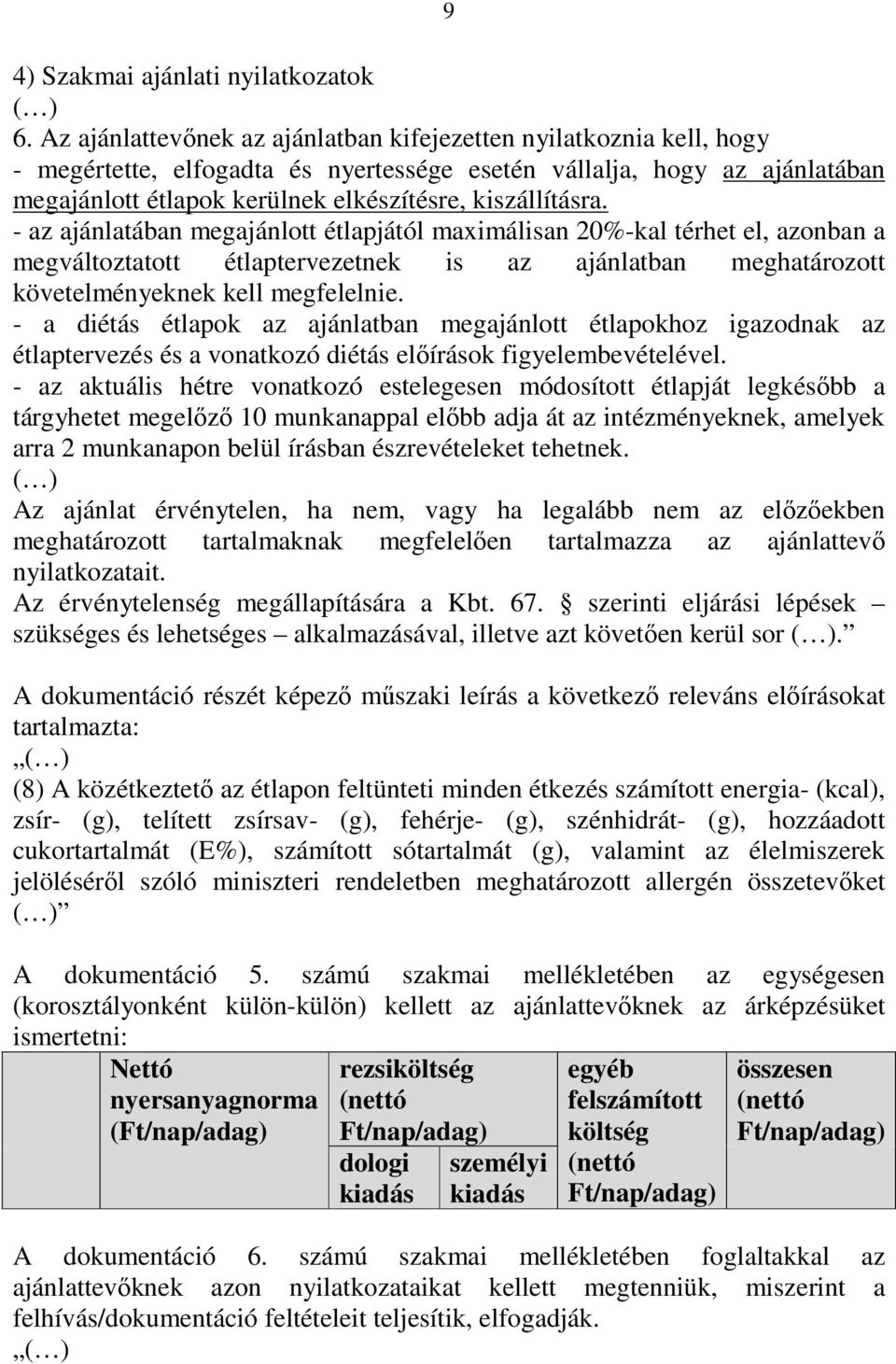 kiszállításra. - az ajánlatában megajánlott étlapjától maximálisan 20%-kal térhet el, azonban a megváltoztatott étlaptervezetnek is az ajánlatban meghatározott követelményeknek kell megfelelnie.