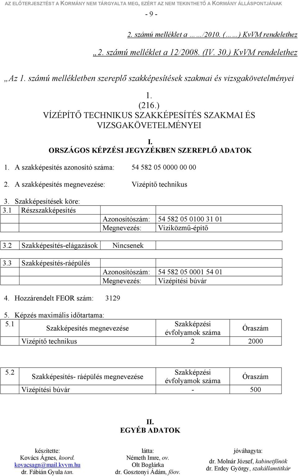 A szakképesítés megnevezése: Vízépítő technikus 3. Szakképesítések köre: 3.1 Részszakképesítés Azonosítószám: 54 582 05 0100 31 01 Megnevezés: Víziközmű-építő 3.2 Szakképesítés-elágazások Nincsenek 3.