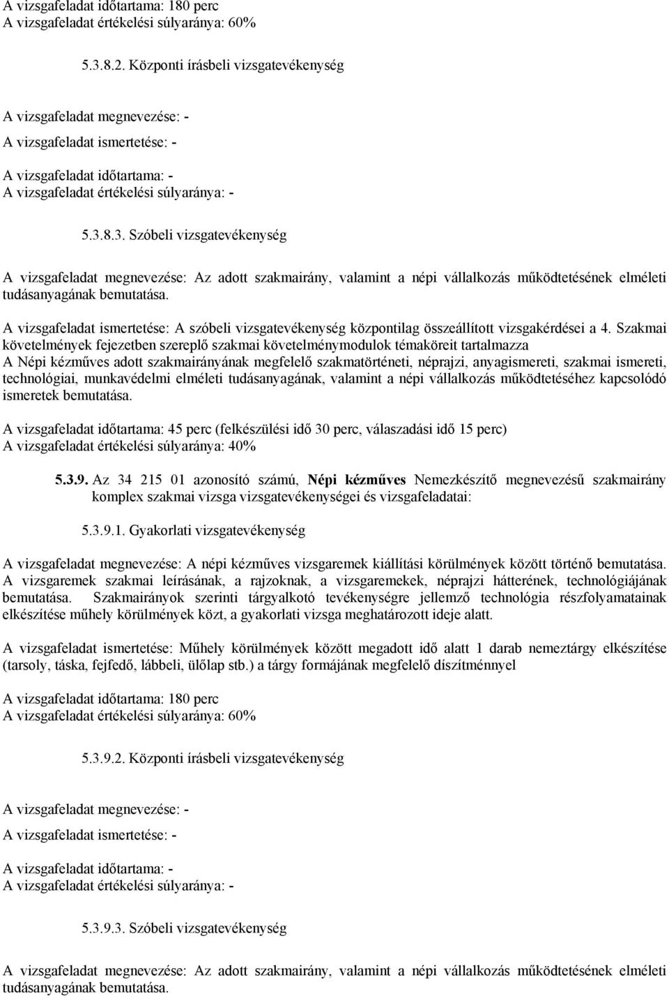 8.3. Szóbeli vizsgatevékenység A vizsgafeladat megnevezése: Az adott szakmairány, valamint a népi vállalkozás működtetésének elméleti tudásanyagának bemutatása.