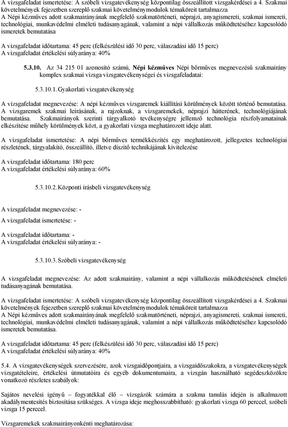 technológiai, munkavédelmi elméleti tudásanyagának, valamint a népi vállalkozás működtetéséhez kapcsolódó ismeretek bemutatása A vizsgafeladat időtartama: 45 perc (felkészülési idő 30 perc,