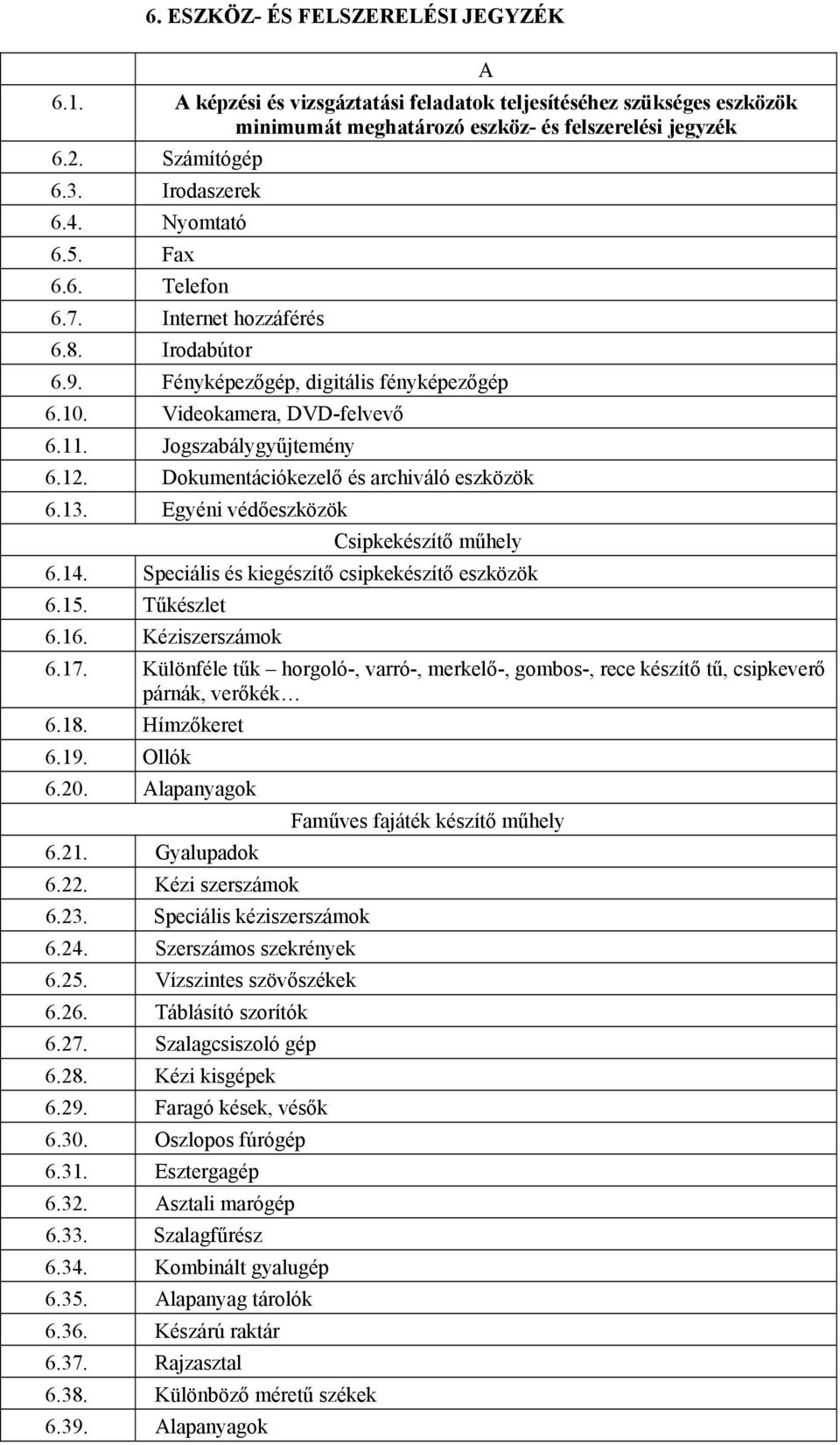 Dokumentációkezelő és archiváló eszközök 6.13. Egyéni védőeszközök A Csipkekészítő műhely 6.14. Speciális és kiegészítő csipkekészítő eszközök 6.15. Tűkészlet 6.16. Kéziszerszámok 6.17.