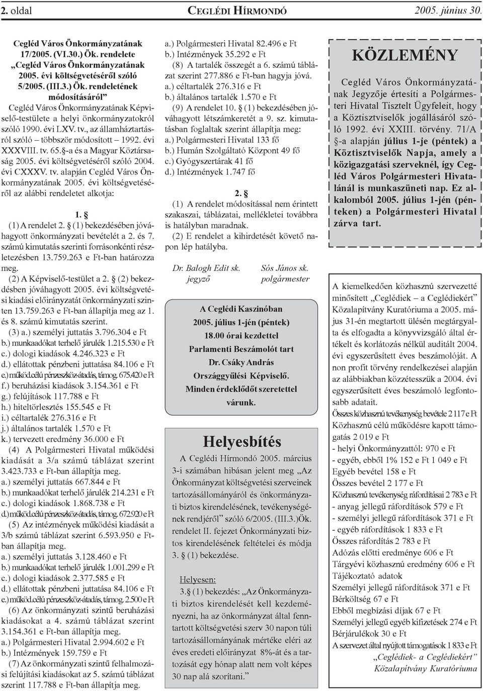 rendeletének módosításáról Cegléd Város Önkormányzatának Képviselõ-testülete a helyi önkormányzatokról szóló 1990. évi LXV. tv., az államháztartásról szóló többször módosított 1992. évi XXXVIII. tv. 65.