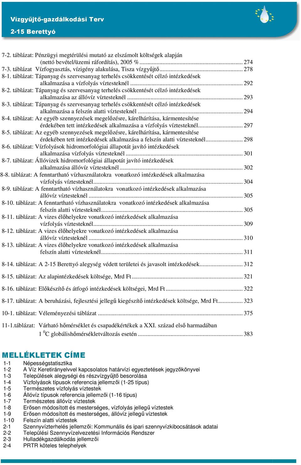 táblázat: Tápanyag és szervesanyag terhelés csökkentését célzó intézkedések alkalmazása az állóvíz víztesteknél... 293 8-3.