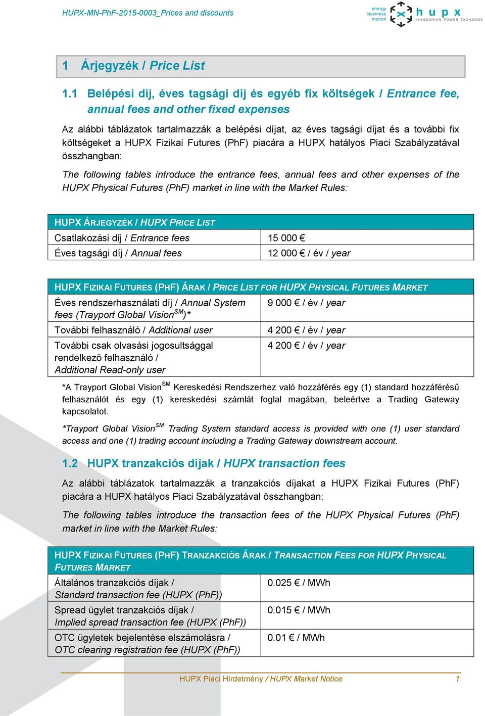 költségeket a HUPX Fizikai Futures (PhF) piacára a HUPX hatályos Piaci Szabályzatával összhangban: The following tables introduce the entrance fees, annual fees and other expenses of the HUPX