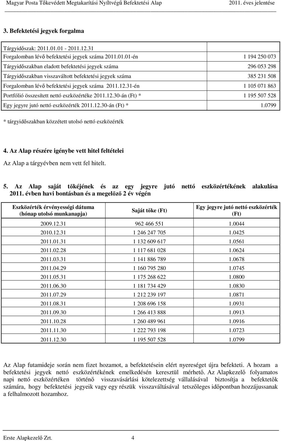 12.31-én 1 105 071 863 Portfólió összesített nettó eszközértéke 2011.12.30-án (Ft) * 1 195 507 528 Egy jegyre jutó nettó eszközérték 2011.12.30-án (Ft) * 1.0799 * tárgyidőszakban közzétett utolsó nettó eszközérték 4.