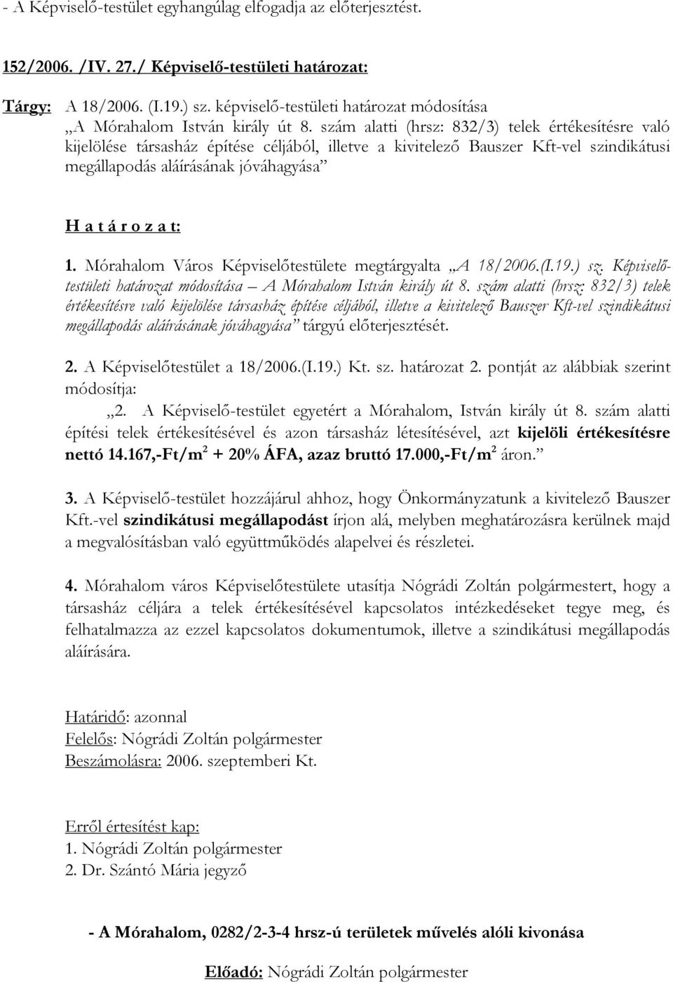 szám alatti (hrsz: 832/3) telek értékesítésre való kijelölése társasház építése céljából, illetve a kivitelező Bauszer Kft-vel szindikátusi megállapodás aláírásának jóváhagyása 1.