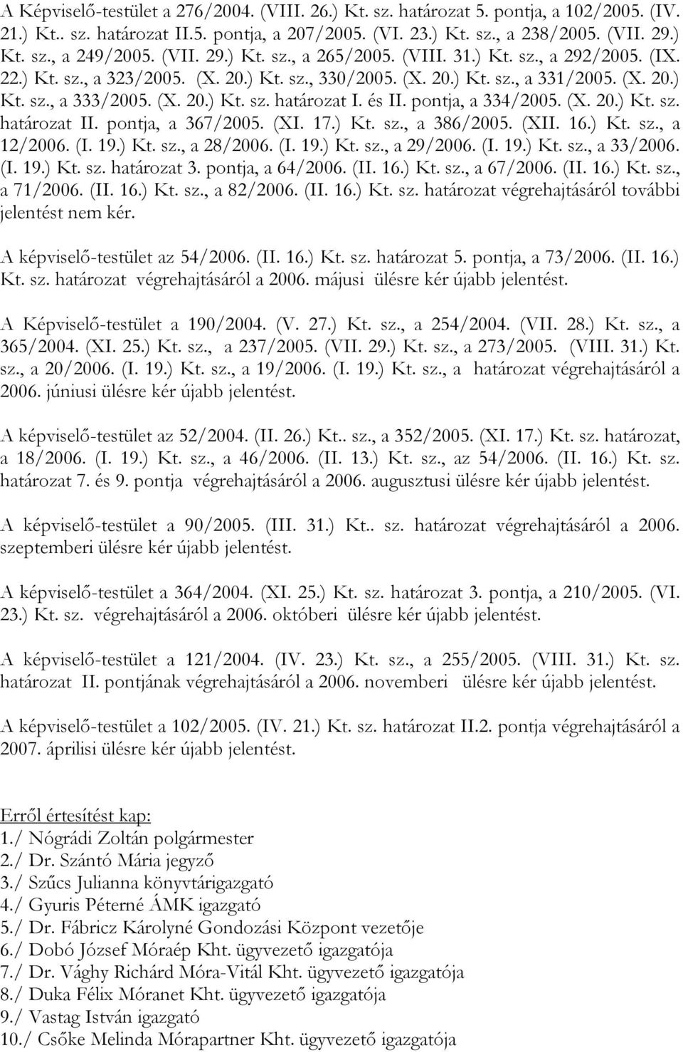 és II. pontja, a 334/2005. (X. 20.) Kt. sz. határozat II. pontja, a 367/2005. (XI. 17.) Kt. sz., a 386/2005. (XII. 16.) Kt. sz., a 12/2006. (I. 19.) Kt. sz., a 28/2006. (I. 19.) Kt. sz., a 29/2006.