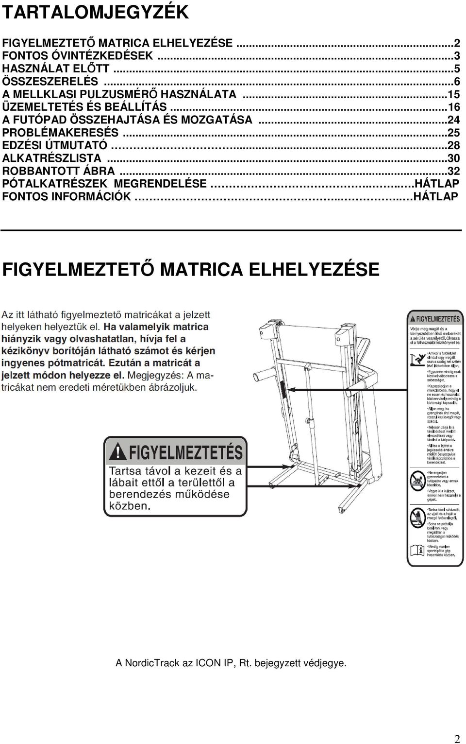 ..24 PROBLÉMAKERESÉS...25 EDZÉSI ÚTMUTATÓ...28 ALKATRÉSZLISTA...30 ROBBANTOTT ÁBRA...32 PÓTALKATRÉSZEK MEGRENDELÉSE.