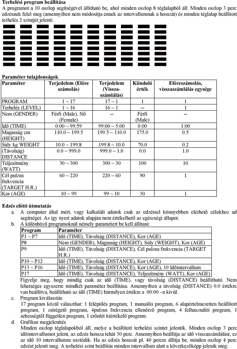 Paraméter tulajdonságok Paraméter Terjedelem (Előre számolás) PROGRAM Terhelés (LEVEL) Nem (GENDER) Idő (TIME) Magasság cm (HEIGHT) Súly kg WEIGHT (Távolság) DISTANCE Teljesítmény (WATT) Cél pulzus