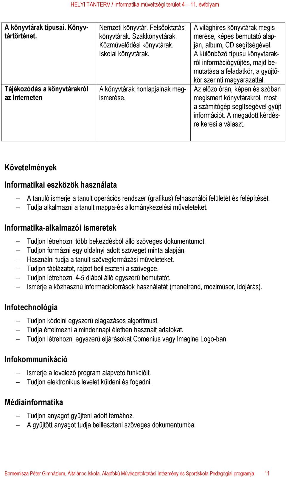 A különböző típusú könyvtárakról információgyűjtés, majd bemutatása a feladatkör, a gyűjtőkör szerinti magyarázattal.