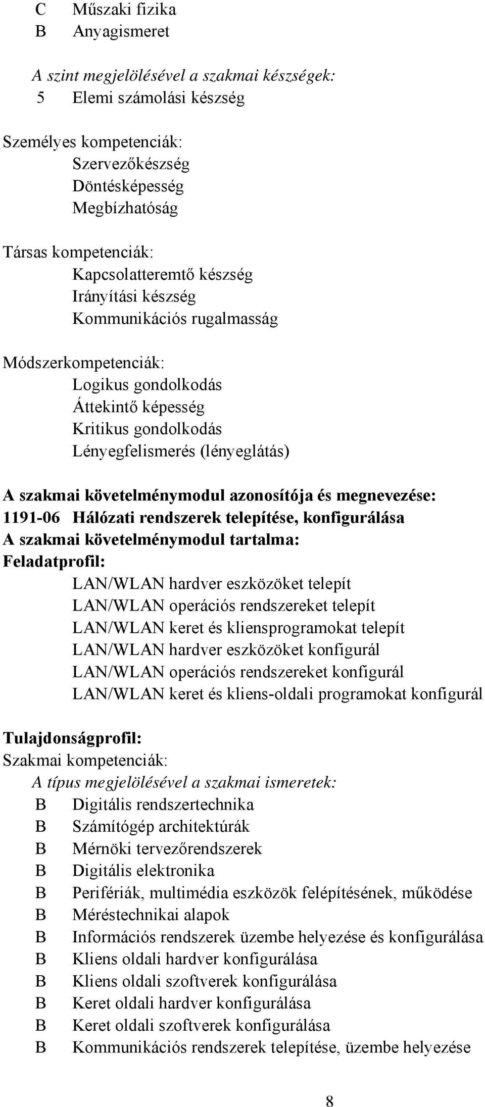 követelménymodul azonosítója és megnevezése: 1191-06 Hálózati rendszerek telepítése, konfigurálása A szakmai követelménymodul tartalma: Feladatprofil: LAN/WLAN hardver eszközöket telepít LAN/WLAN