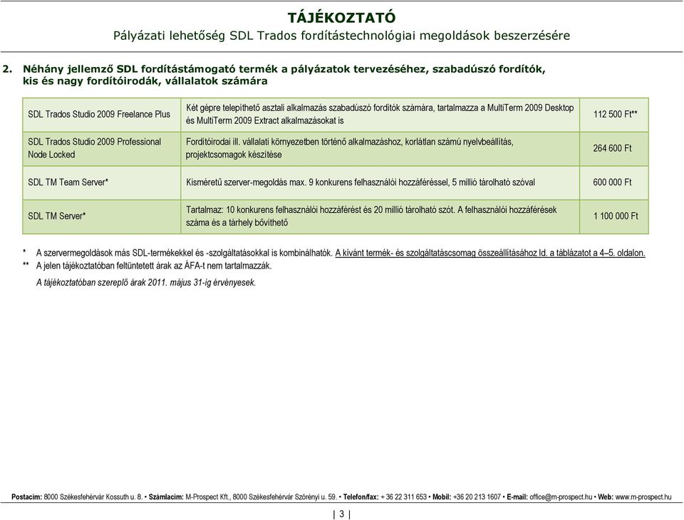 vállalati környezetben történő alkalmazáshoz, korlátlan számú nyelvbeállítás, projektcsomagok készítése 112 500 Ft** 264 600 Ft SDL TM Team Server* Kisméretű szerver-megoldás max.