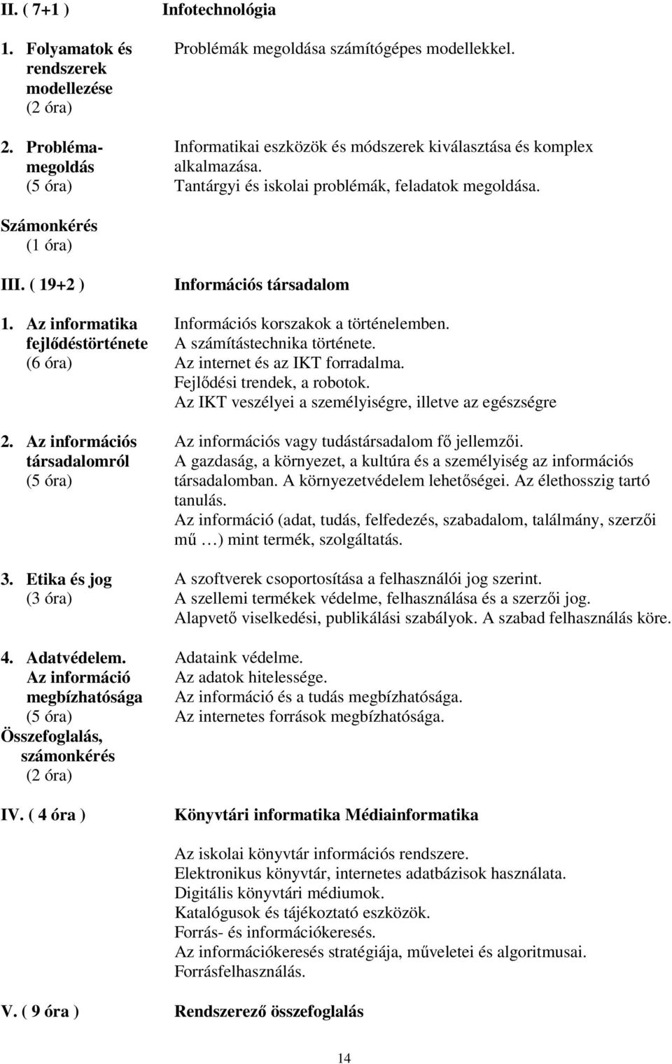 Az informatika fejlődéstörténete (6 óra) 2. Az információs társadalomról (5 óra) 3. Etika és jog (3 óra) 4. Adatvédelem. Az információ megbízhatósága (5 óra) (2 óra) IV.