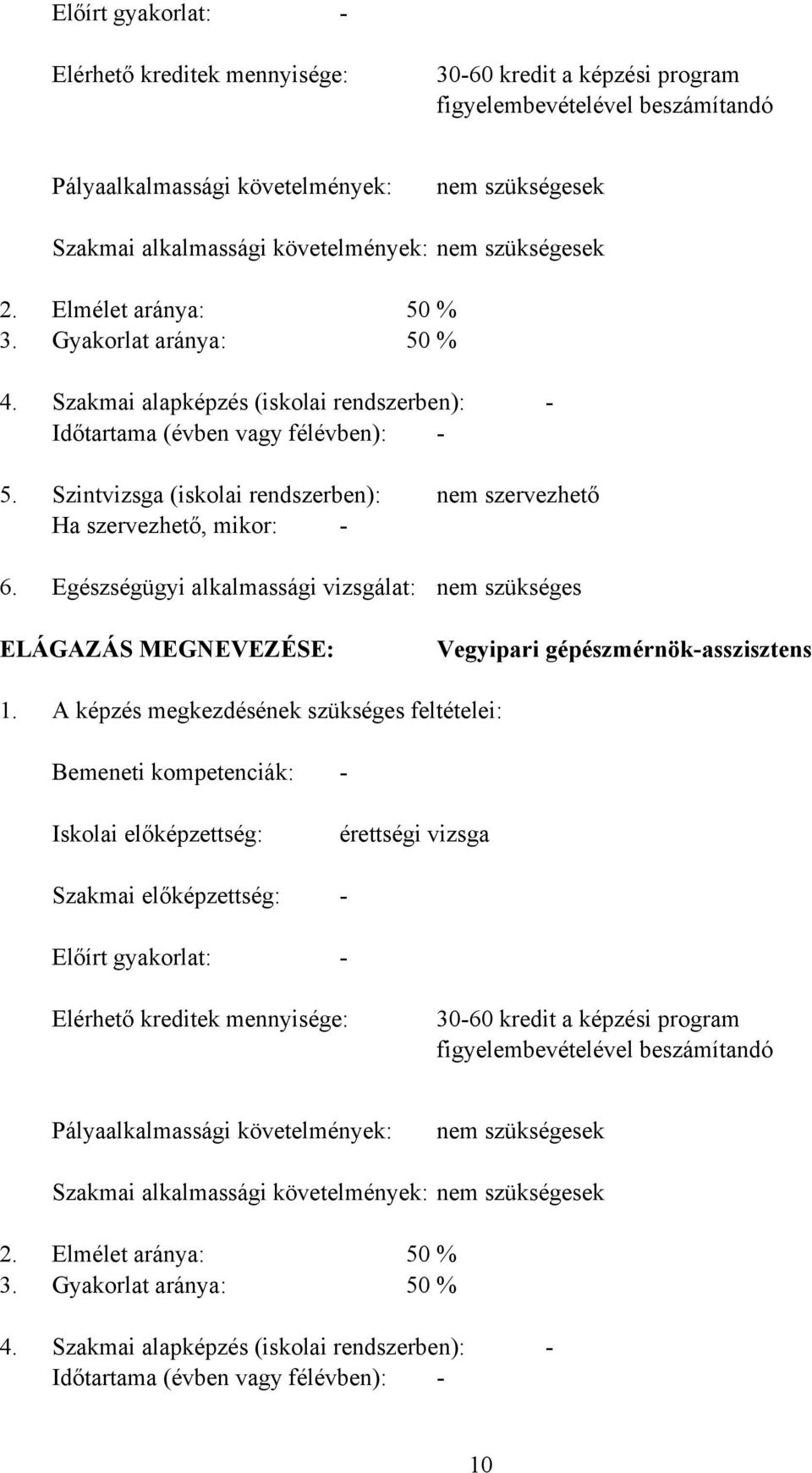 Szintvizsga (iskolai rendszerben): Ha szervezhető, mikor: - Egészségügyi alkalmassági vizsgálat: nem szervezhető nem szükséges ELÁGAZÁS MEGNEVEZÉSE: Vegyipari gépészmérnök-asszisztens 1.