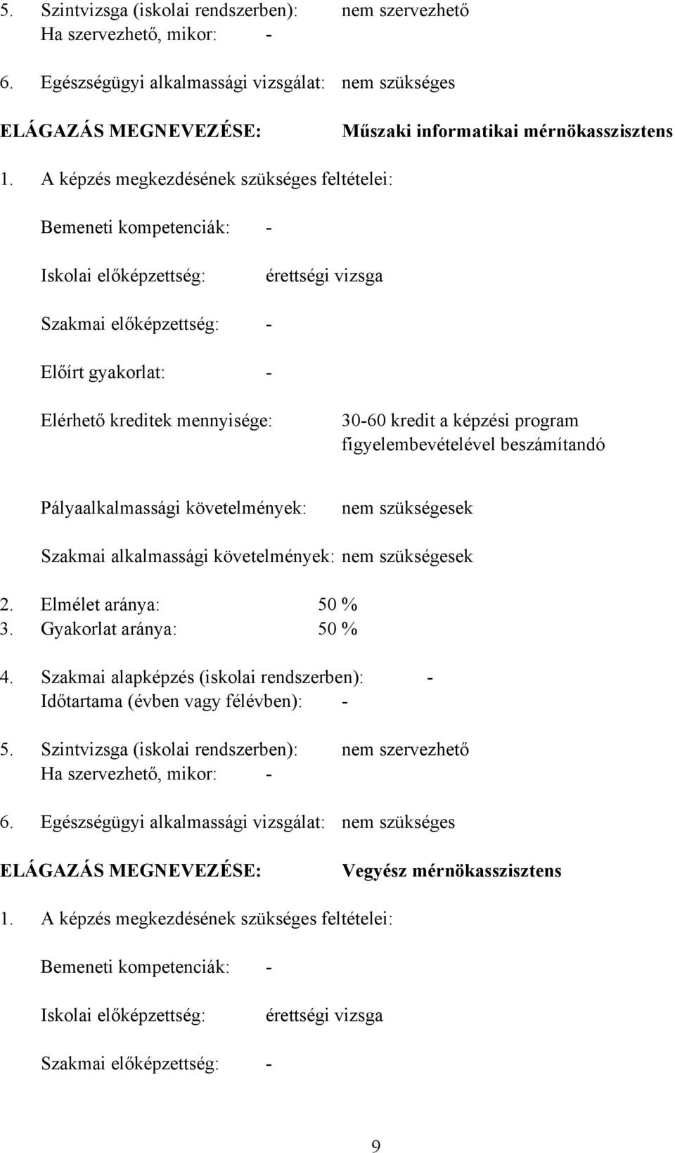 képzési program figyelembevételével beszámítandó Pályaalkalmassági követelmények: nem szükségesek Szakmai alkalmassági követelmények: nem szükségesek 2. Elmélet aránya: 50 % 3.