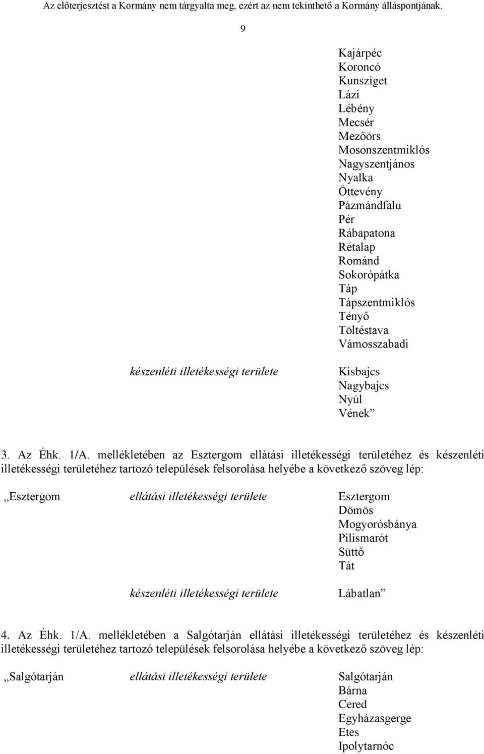 mellékletében az Esztergom ellátási illetékességi területéhez és készenléti illetékességi területéhez tartozó települések felsorolása helyébe a következő szöveg lép: Esztergom ellátási illetékességi