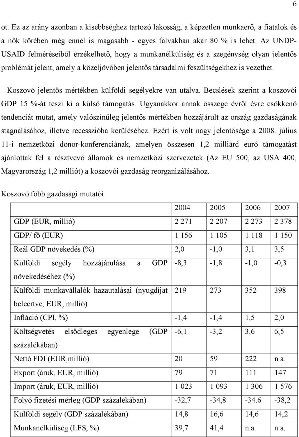 Koszovó jelentıs mértékben külföldi segélyekre van utalva. Becslések szerint a koszovói GDP 15 %-át teszi ki a külsı támogatás.