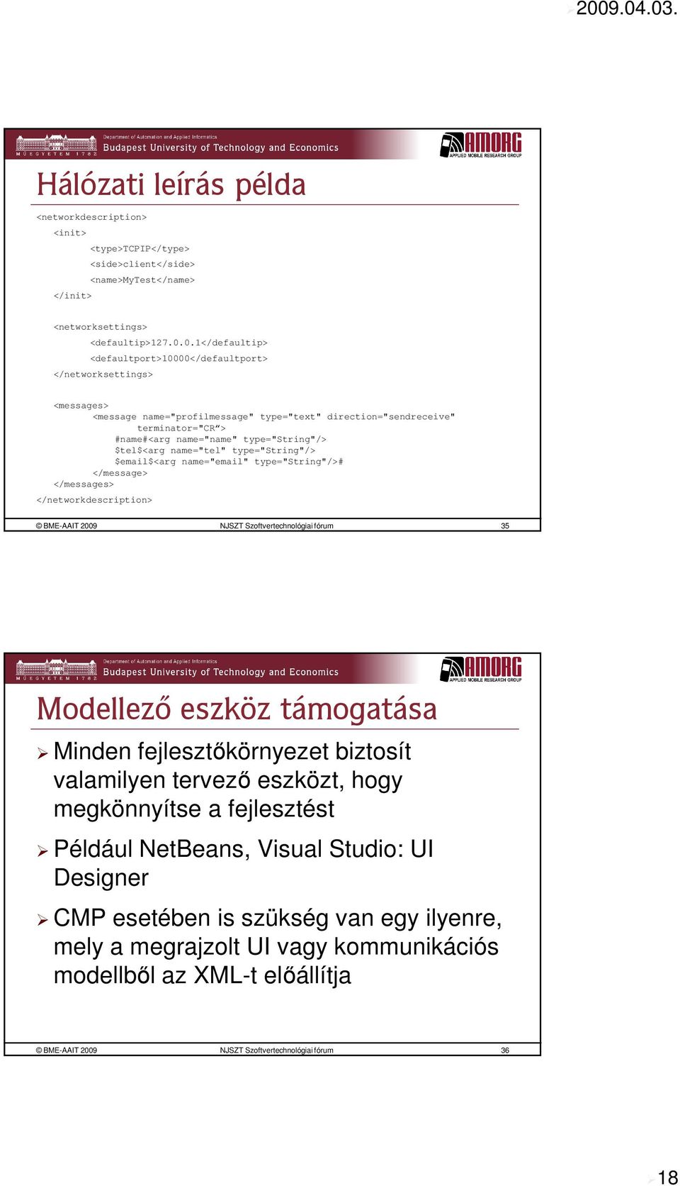 type="string"/> $tel$<arg name="tel" type="string"/> $email$<arg name="email" type="string"/># </message> </messages> </networkdescription> BME-AAIT 2009 NJSZT Szoftvertechnológiai fórum 35 Modellező