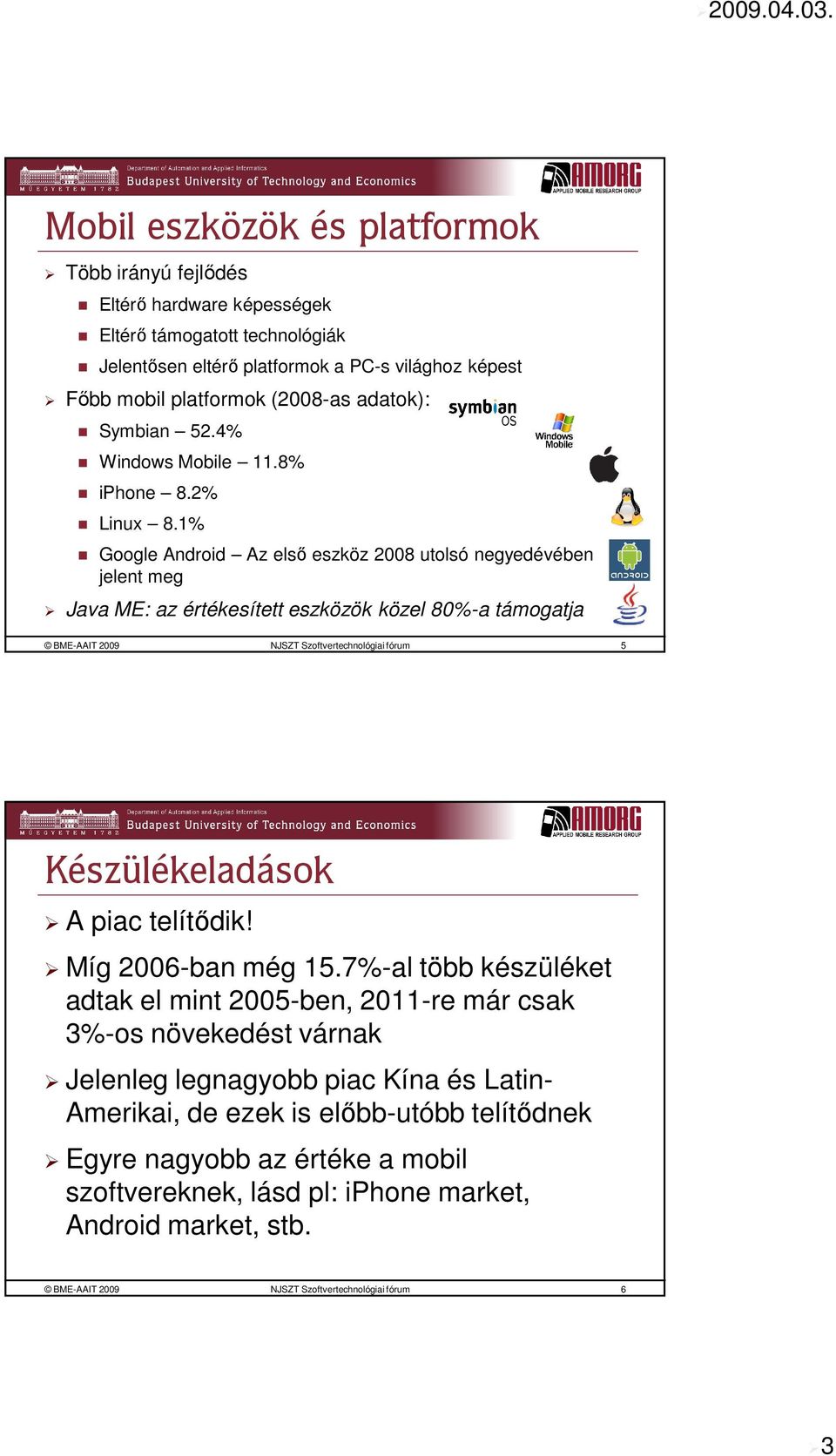 1% Google Android Az első eszköz 2008 utolsó negyedévében jelent meg Java ME: az értékesített eszközök közel 80%-a támogatja BME-AAIT 2009 NJSZT Szoftvertechnológiai fórum 5 Készülékeladások A piac