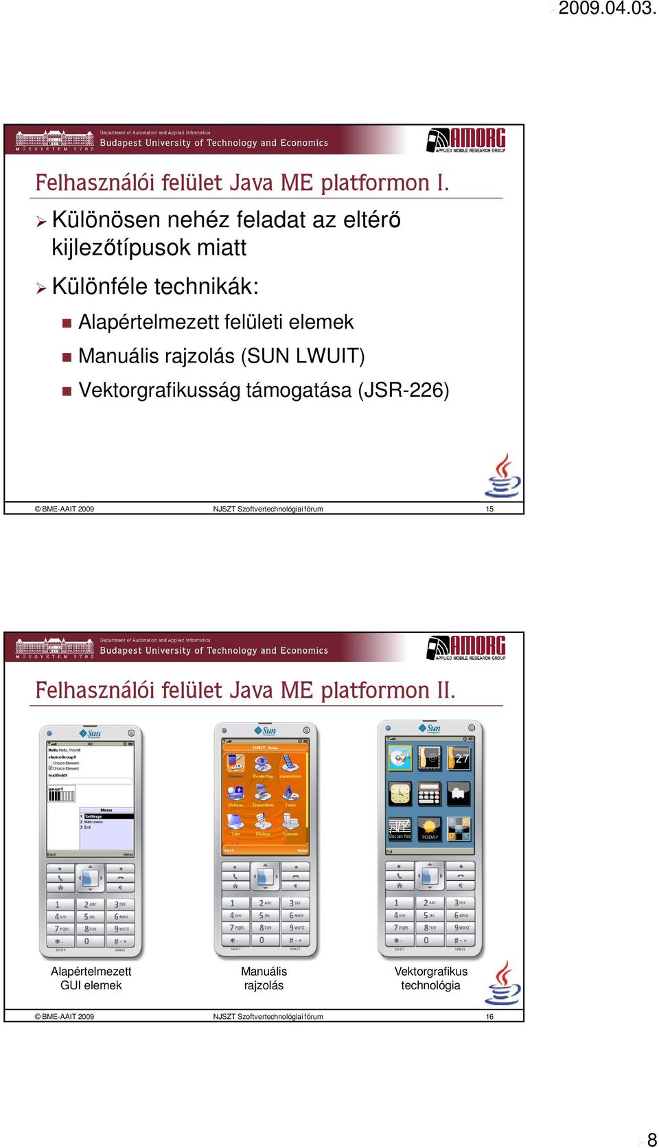 Manuális rajzolás (SUN LWUIT) Vektorgrafikusság támogatása (JSR-226) BME-AAIT 2009 NJSZT Szoftvertechnológiai