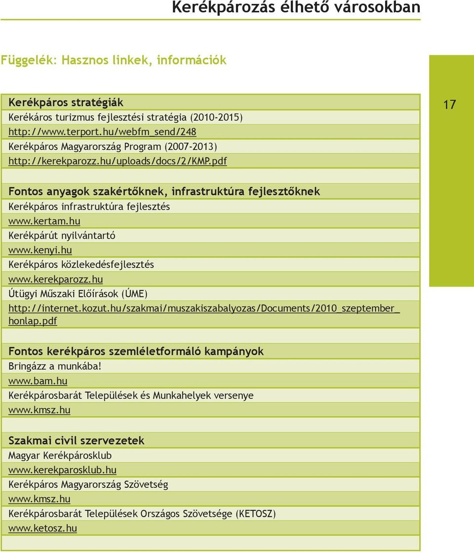 pdf 17 Fontos anyagok szakértőknek, infrastruktúra fejlesztőknek Kerékpáros infrastruktúra fejlesztés www.kertam.hu Kerékpárút nyilvántartó www.kenyi.hu Kerékpáros közlekedésfejlesztés www.